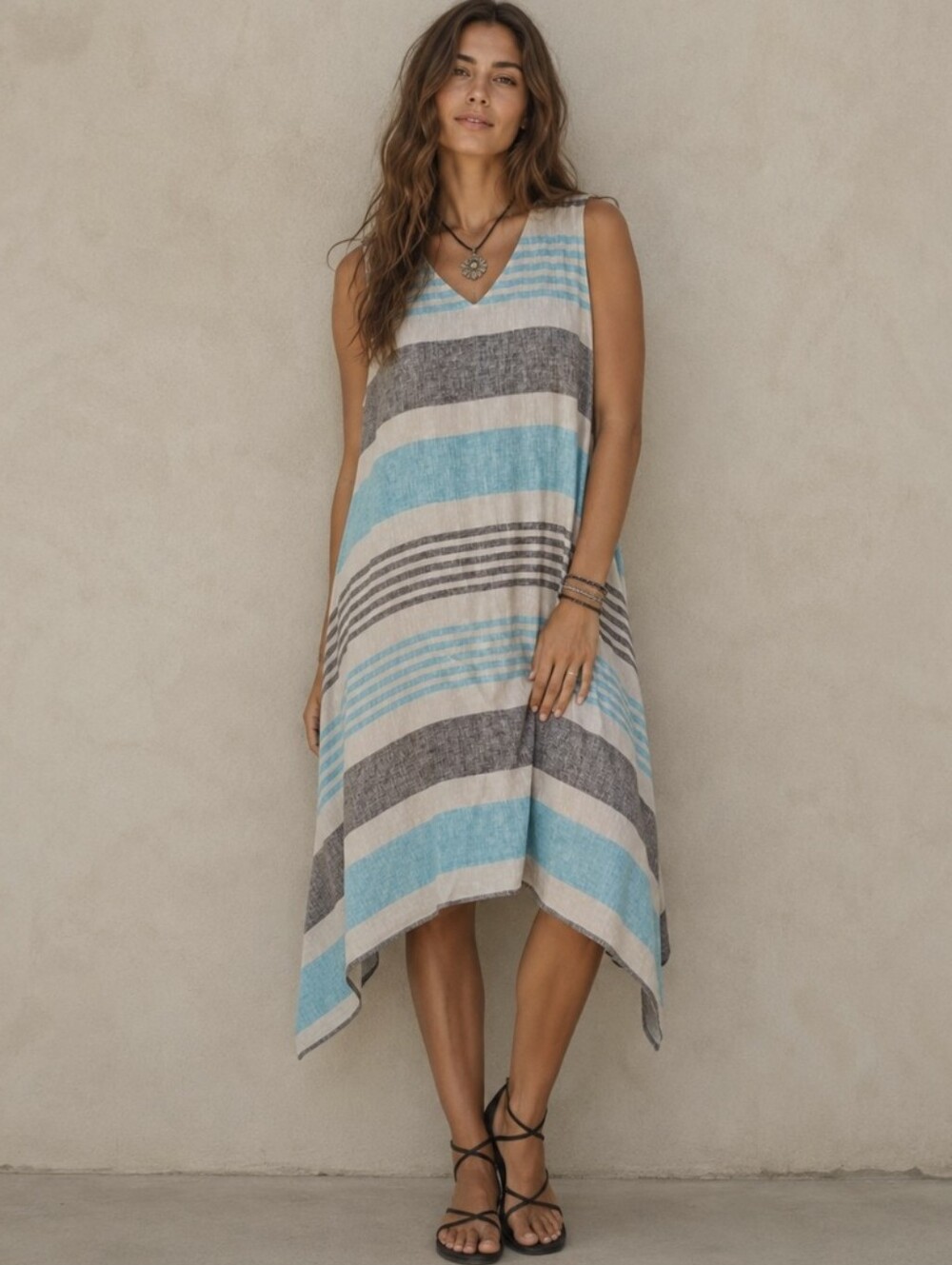 Toofan 100% Linen Midi Dress Striped Sleeveless Sz M Coastal Boho Lagenlook